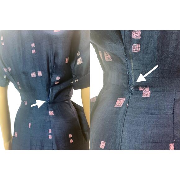 Vintage 1940s Navy Silk Dress – WWII Era Day Dress with Atomic Print - Picture 9 of 10